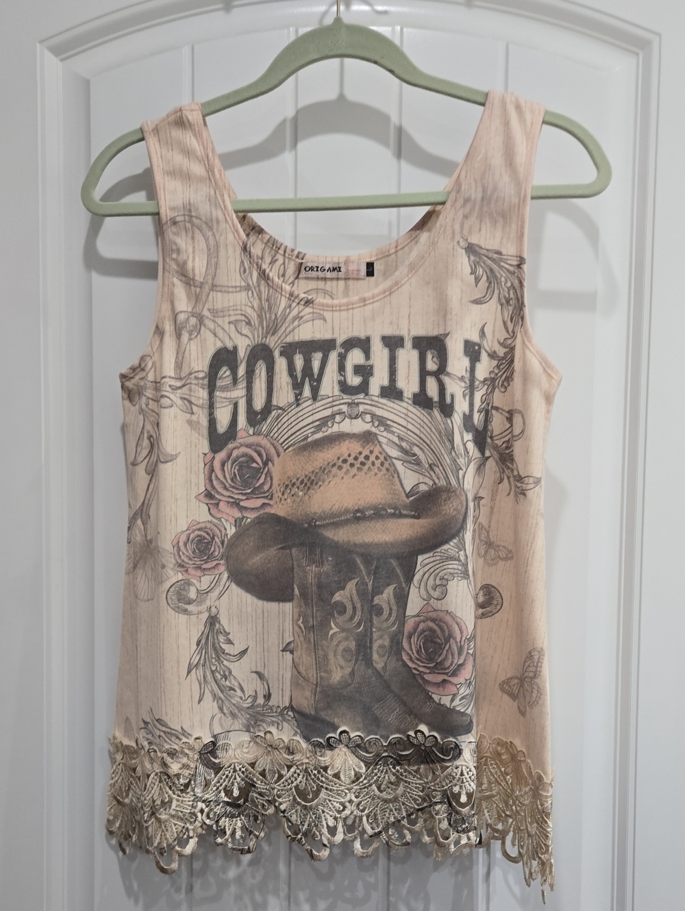 Cowgirl Graphic Lace-Hem Tank Top - Beige